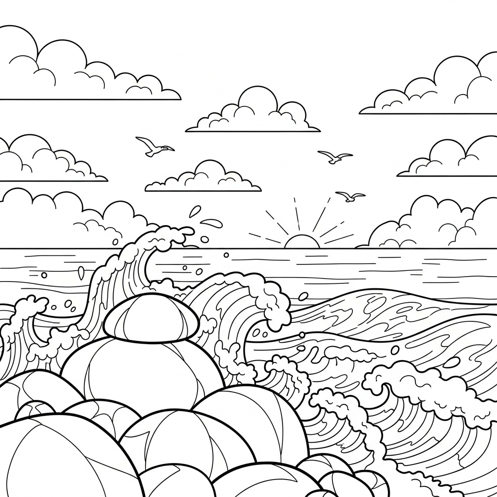 Página para Colorear Rocas Costeras y Olas Rompientes en Estilo Caricaturesco coloring page