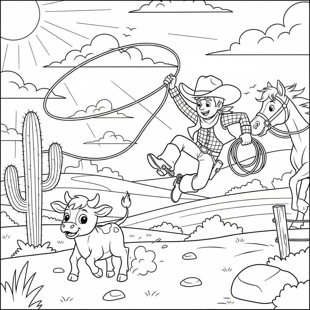 Medium Cartoon Cowboy with Lasso Coloring Page coloring page