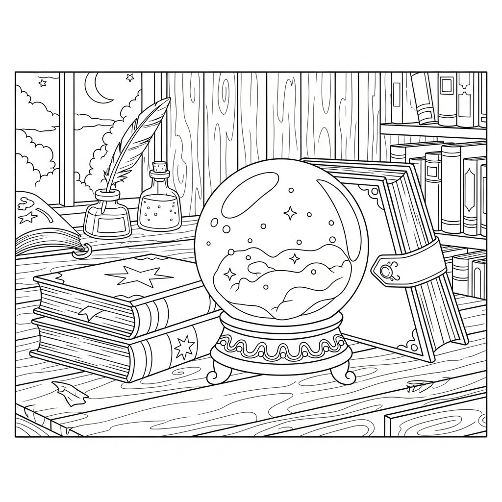 Page de coloriage : Boule de cristal cartoon moyenne à côté de livres de sorts coloring page printable