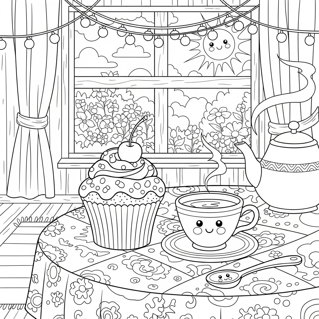 Middelgrote Cartoon Cupcake Naast Een Theekop Kleurplaat coloring page