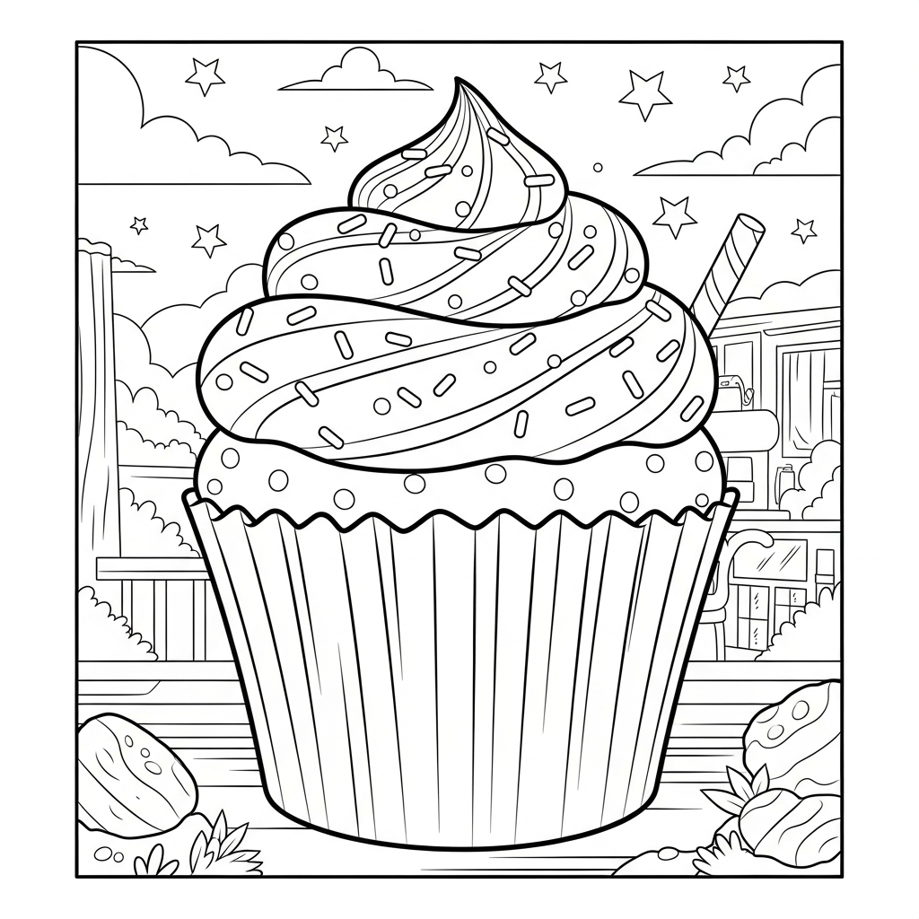 Fun Cartoon Cupcake Coloring Page with Sprinkles and Frosting coloring page
