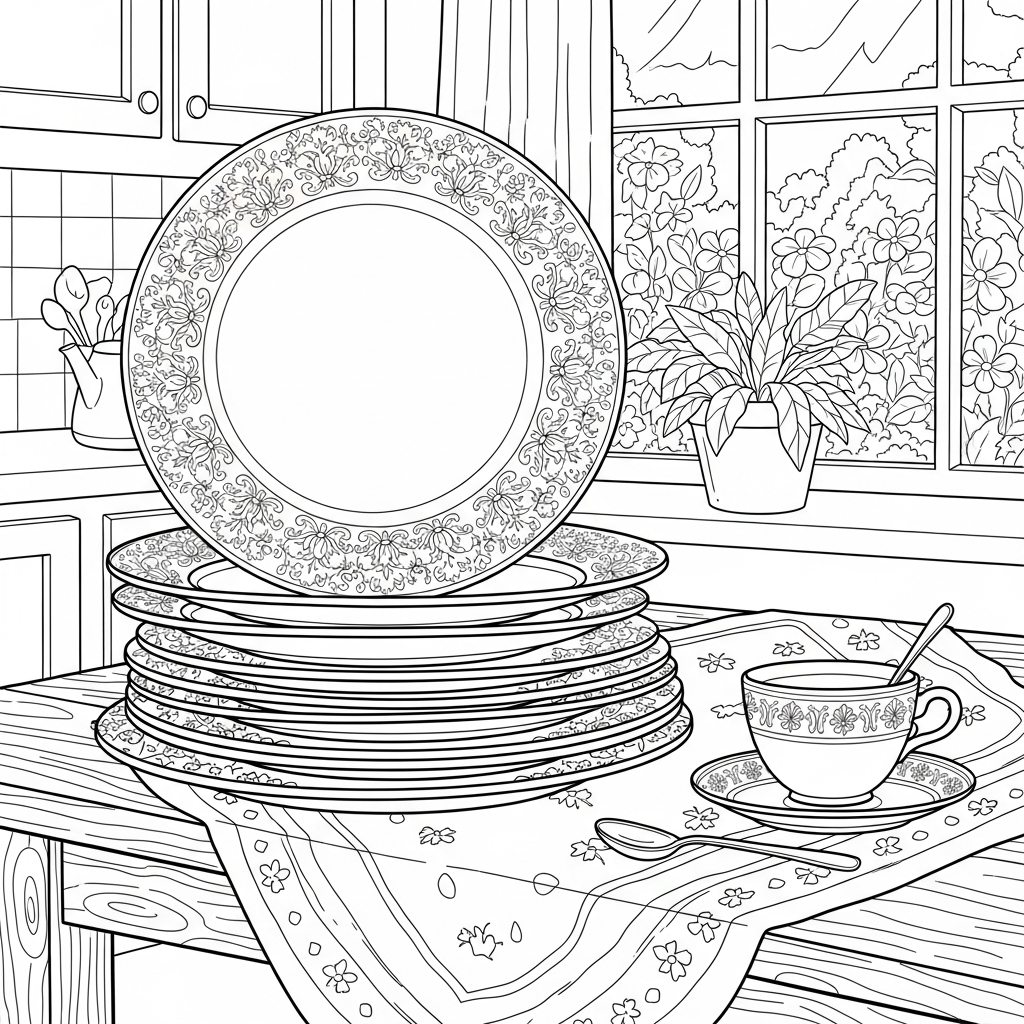 Dessin à Colorier : Mot Damassé Cartoon sur Assiettes Chinoises Ornées coloring page