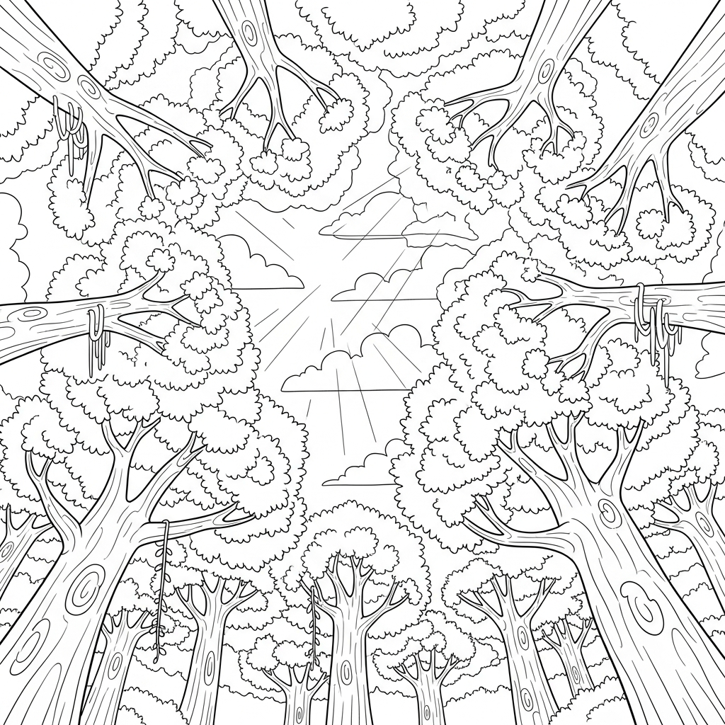 Cartoon Dense Forest Canopy Coloring Page for Kids coloring page