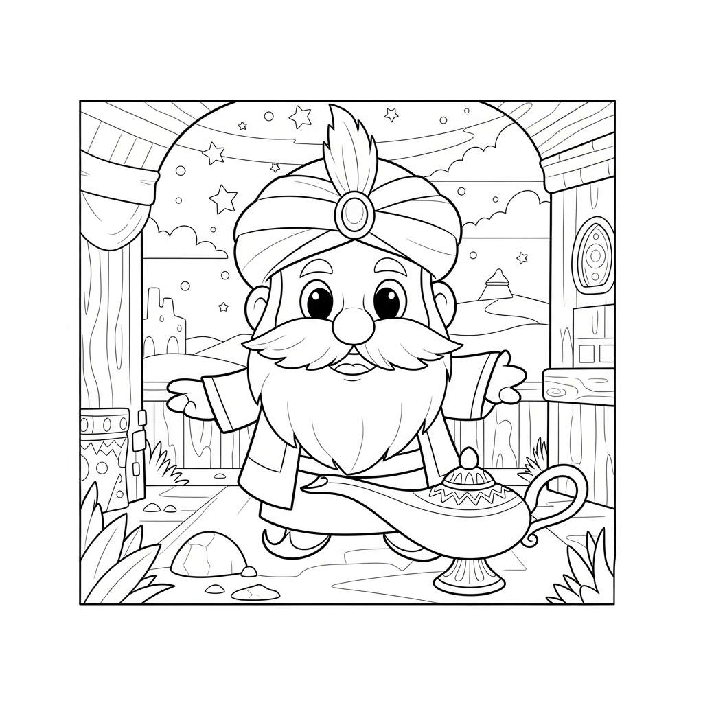 Coloring Page: Medium Cartoon Desert Oasis with Magic Lamp coloring page