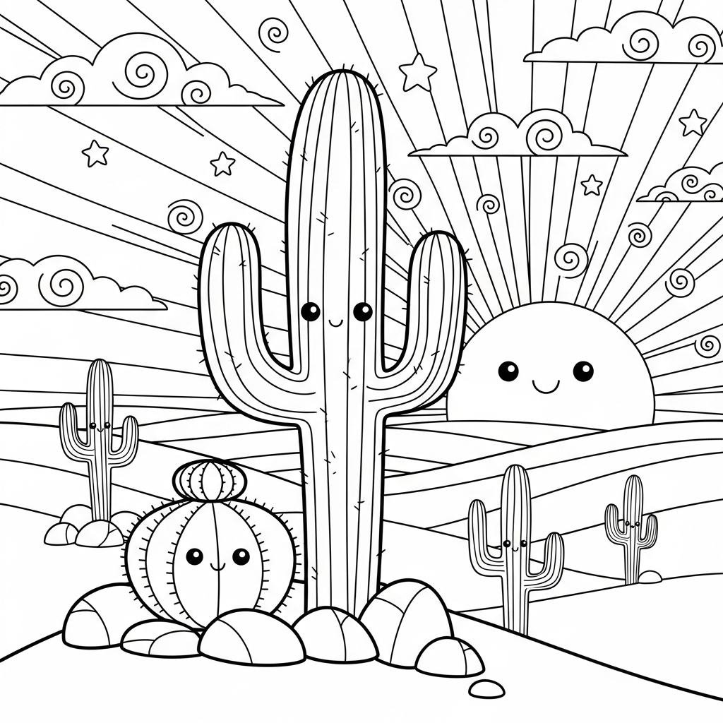 Medium Cartoon Cactus Coloring Page with Desert Sunset coloring page