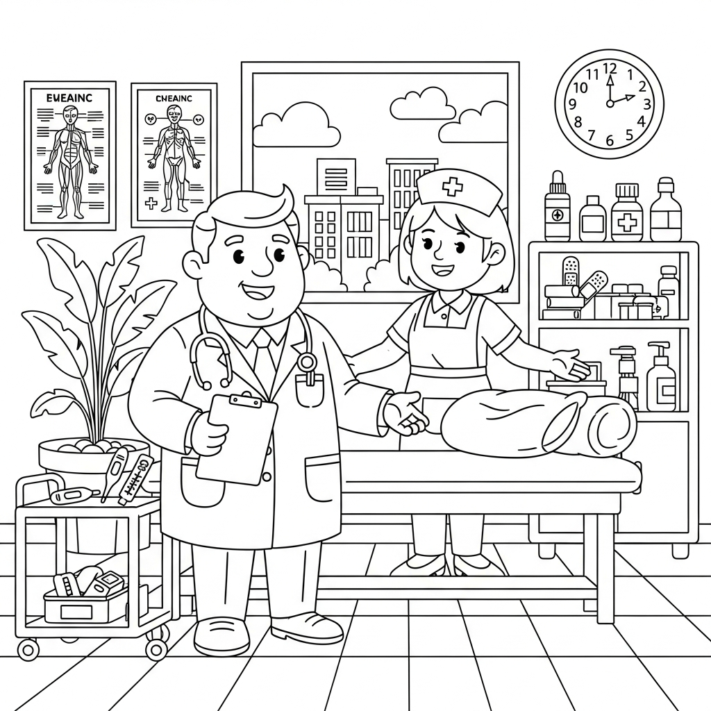 Mittlere Cartoon-Ärzte und Krankenschwestern im Klinik Ausmalbild coloring page