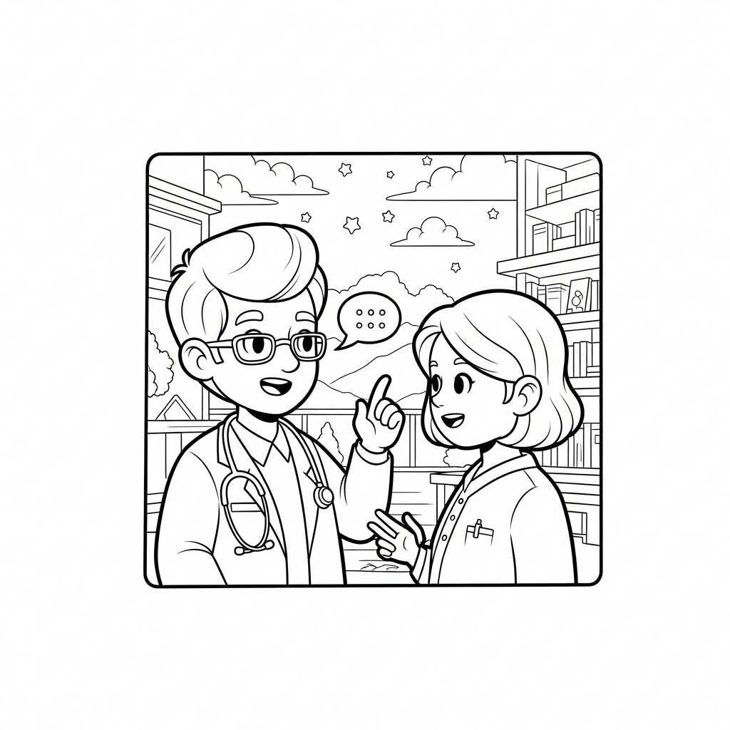 Coloring Page of Cartoon Doctor Talking to Patient coloring page printable