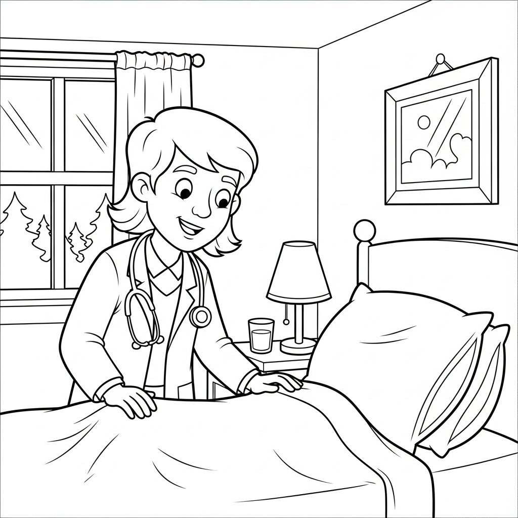 Cartoon Doctor at Patient's Bedside Coloring Page coloring page printable