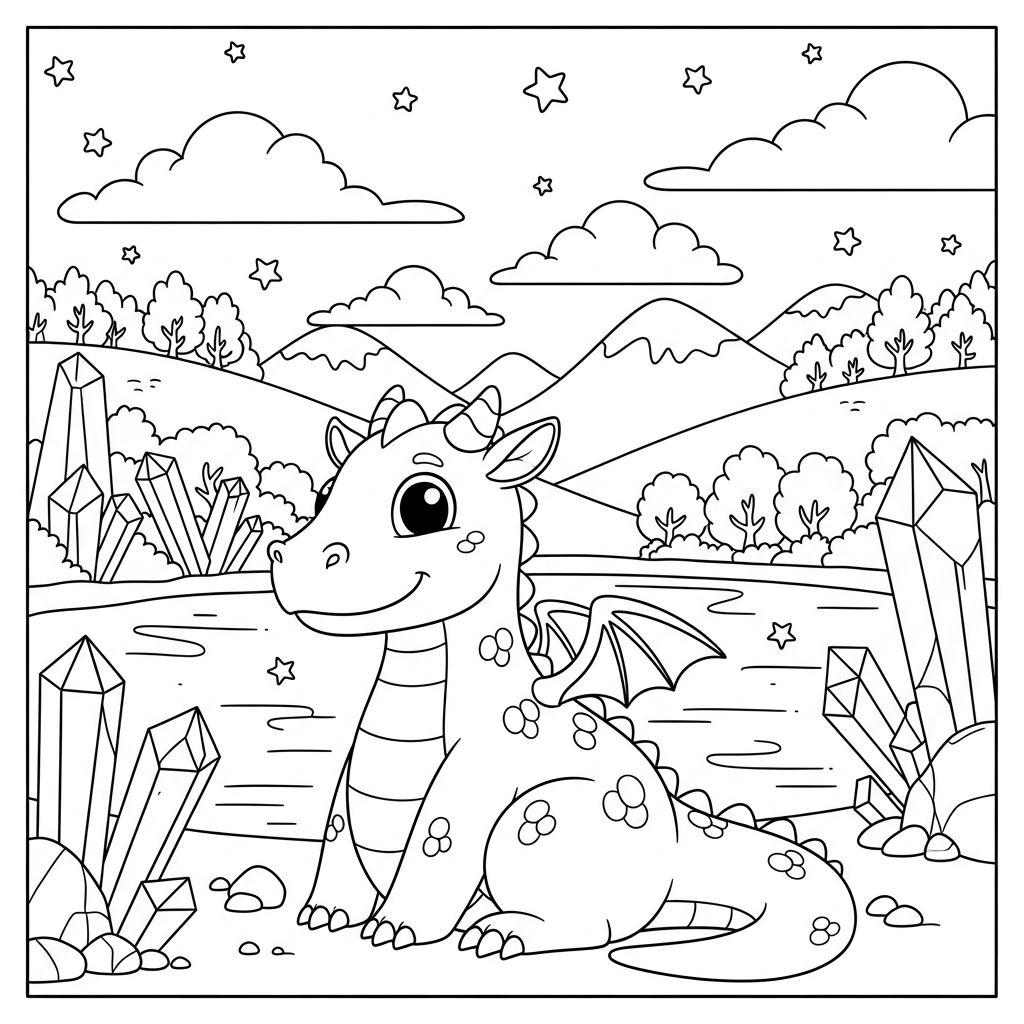 Pagina da Colorare Drago Cartoon Medio Accanto al Lago Cristallino coloring page