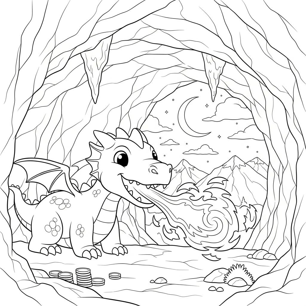 Fire-Breathing Cartoon Dragon Coloring Page in Mountain Cave coloring page