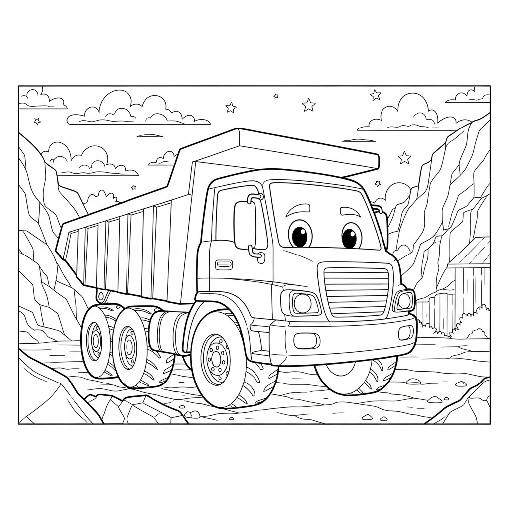 Fun Medium Cartoon Dump Truck Coloring Page for Kids coloring page