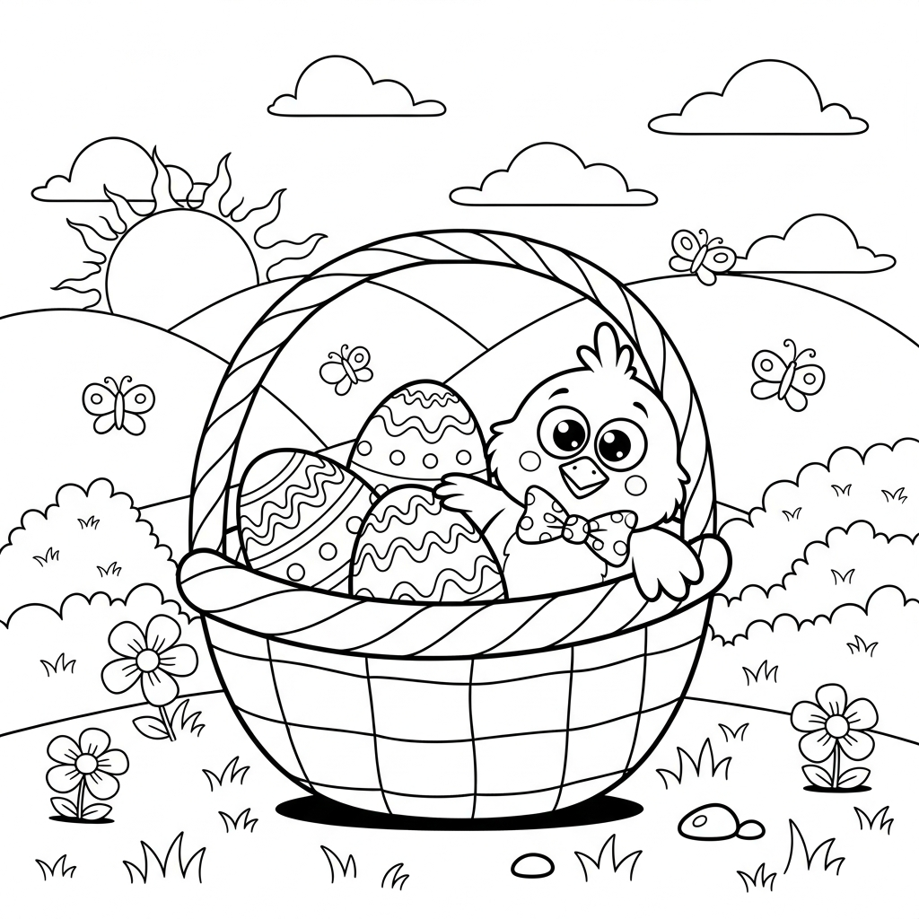 Página para Colorear de Canasta de Pascua y Pollito en Estilo Caricatura coloring page printable