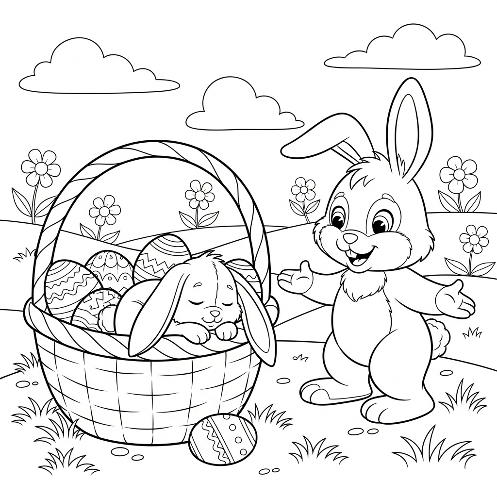 Página para Colorear de Canasta de Pascua con Conejo en Estilo Cartoon coloring page