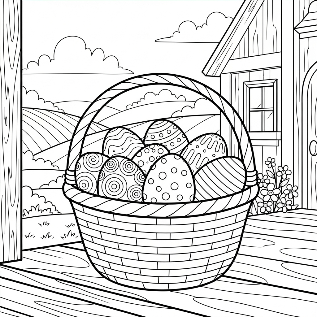Página para Colorear de Una Canasta de Pascua de Cartoon en Escena de Granja coloring page printable