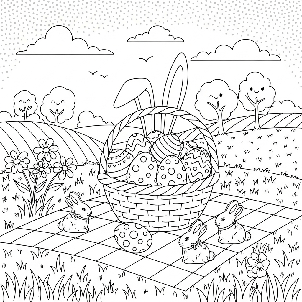 Página para Colorear de Canasta de Pascua en Manta de Picnic coloring page printable