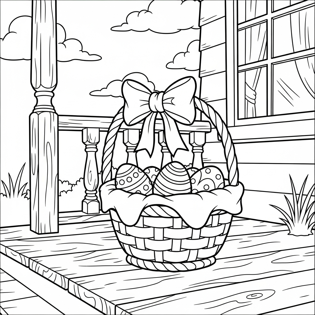Mittelgroße Cartoon-Osterkorb Ausmalbild auf der Veranda coloring page