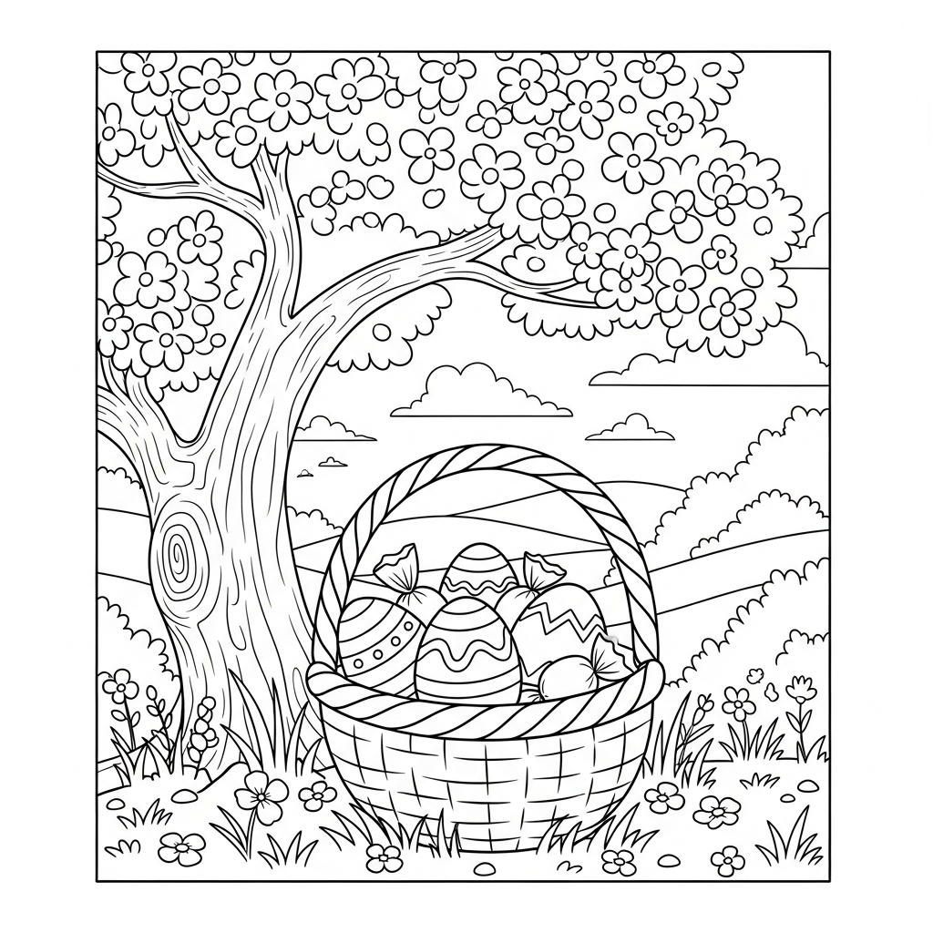 Página para Colorear de Canasta de Pascua Cartoon Mediana Bajo un Árbol de Primavera coloring page printable