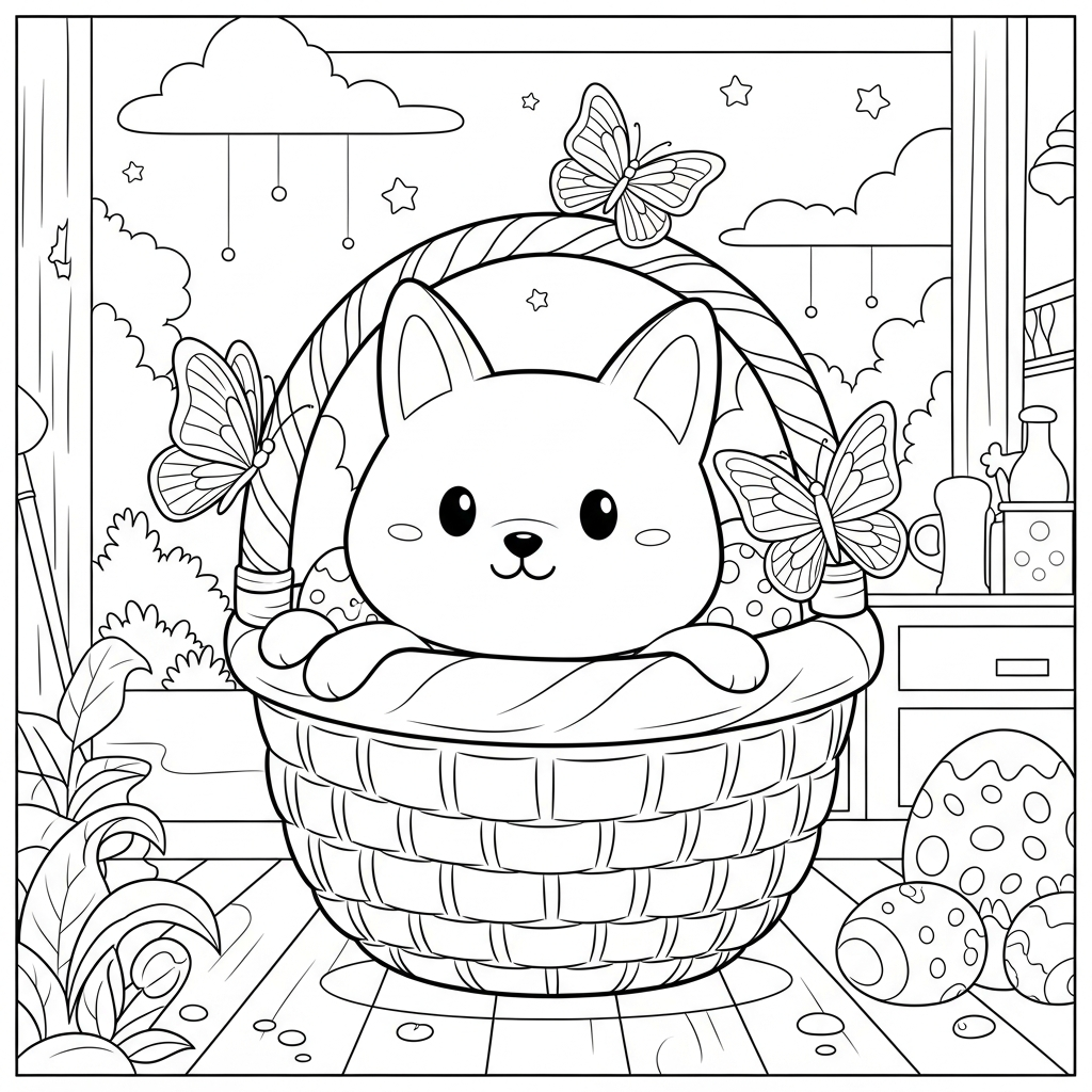 Pagina da Colorare Vaschetta di Pasqua in Stile Cartone Animato con Farfalle coloring page