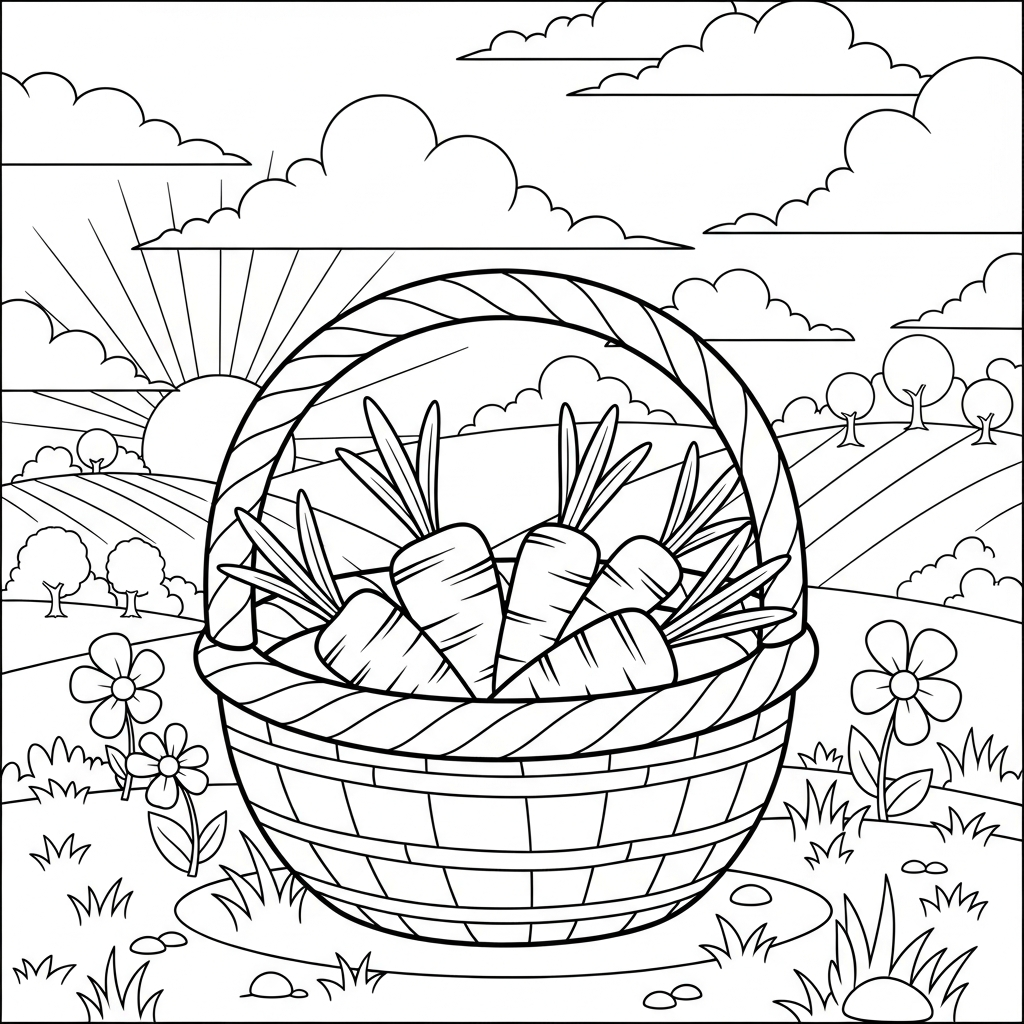 Página para Colorear Canasta de Pascua de Dibujos Animados con Golosinas de Zanahoria coloring page printable