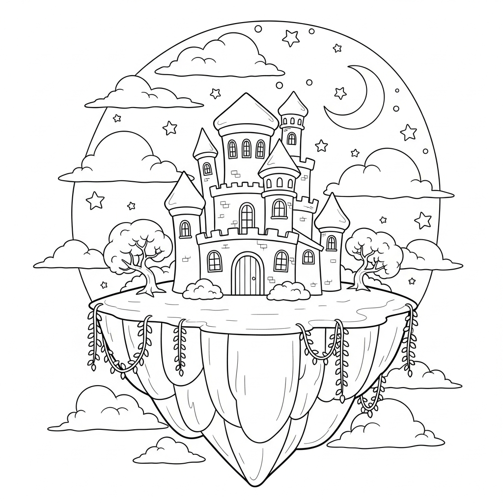 Middelgrote Cartoon Betoverd Kasteel Op Een Zwevend Eiland Kleurpagina coloring page