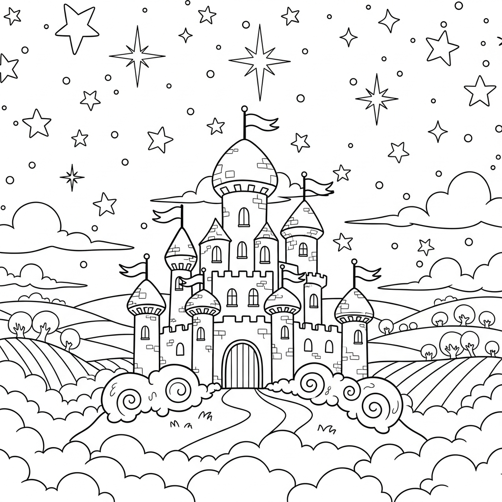 Página para Colorear: Castillo Encantado en una Colina Nebulosa coloring page