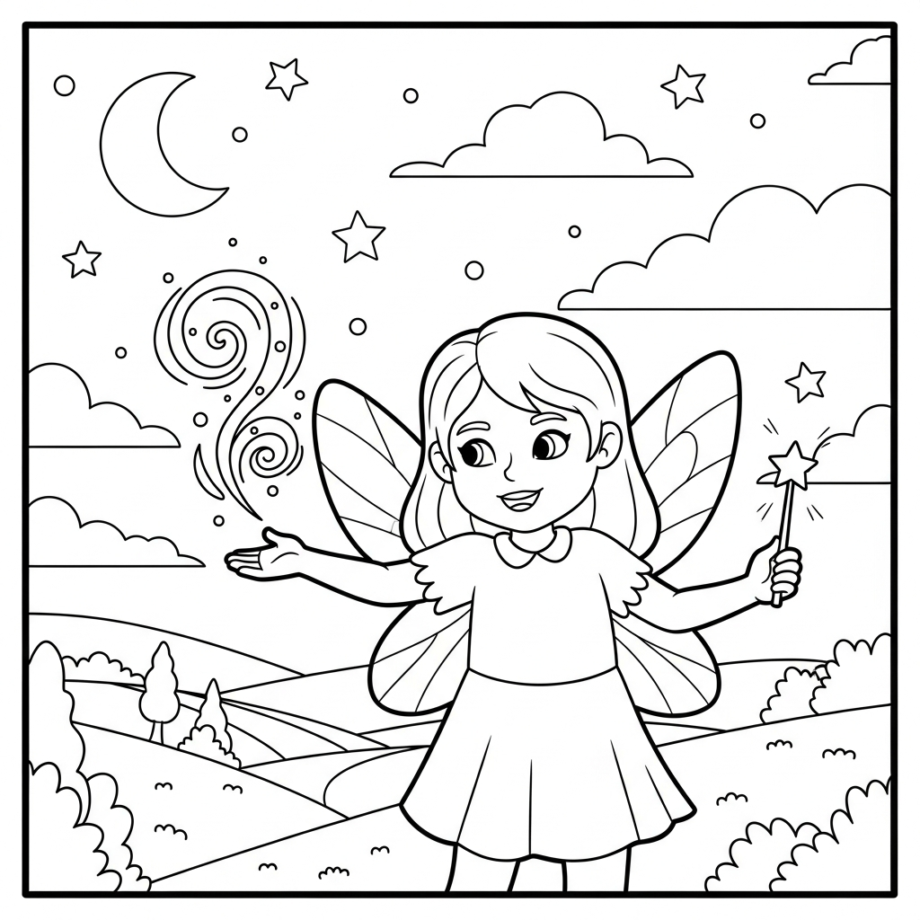 Medium Difficulty Cartoon Fairy Coloring Page coloring page printable