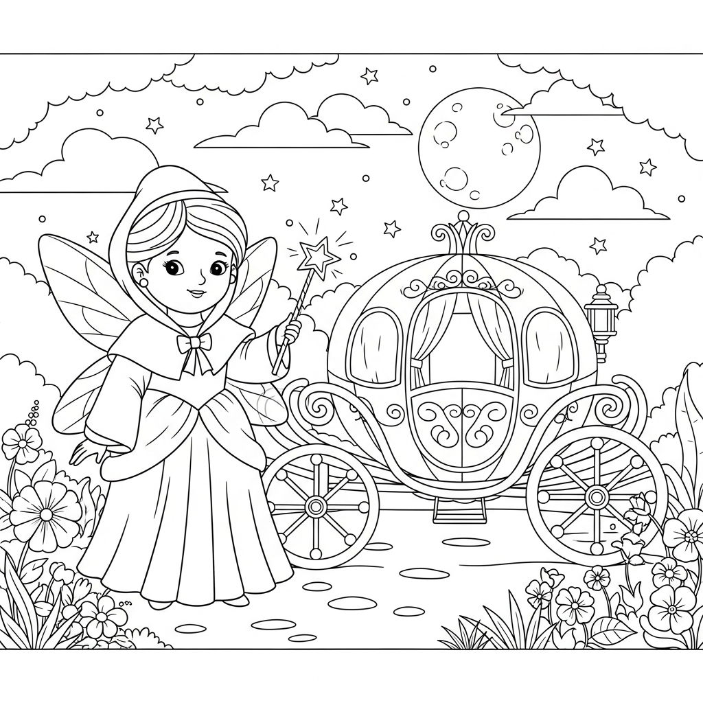 Medium Cartoon Fairy Godmother with Fairy Tale Carriage Coloring Page coloring page