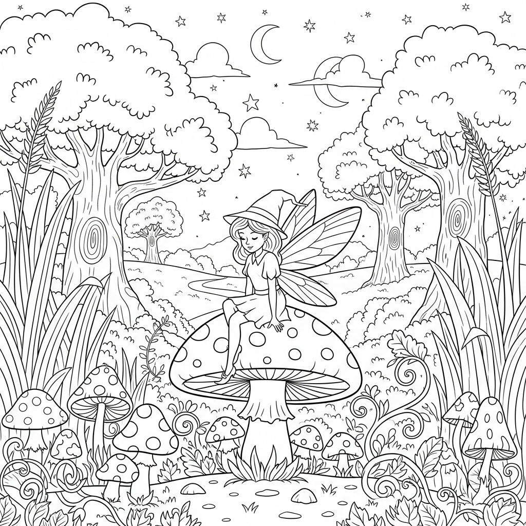 Pagina da Colorare: Fata Cartone Animato Su Un Funghi coloring page