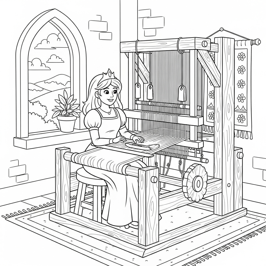 Página para Colorear Princesa de Cuento de Hadas en el Telar coloring page