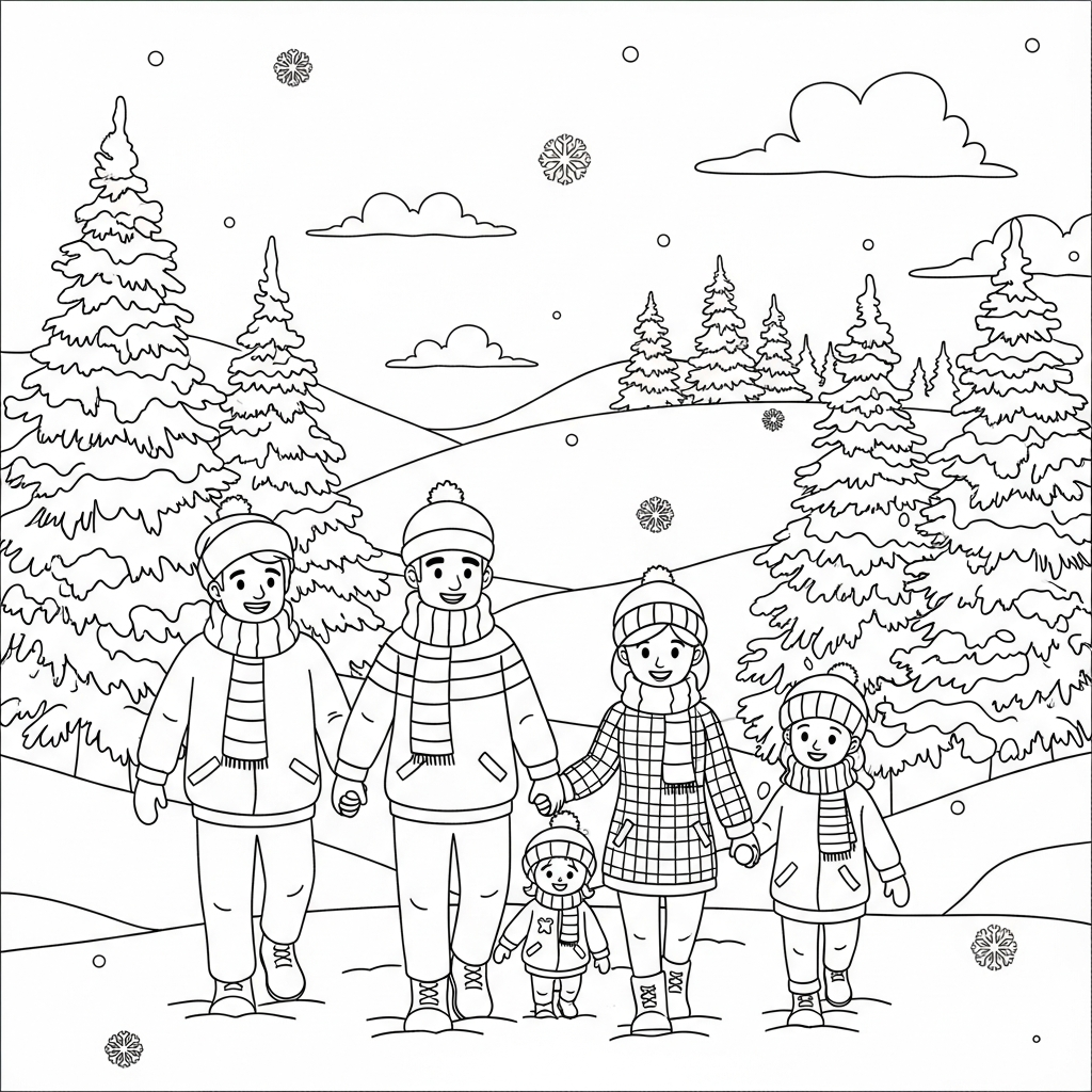 Medium Cartoon Family in Scarves Walking in the Snow Coloring Page coloring page