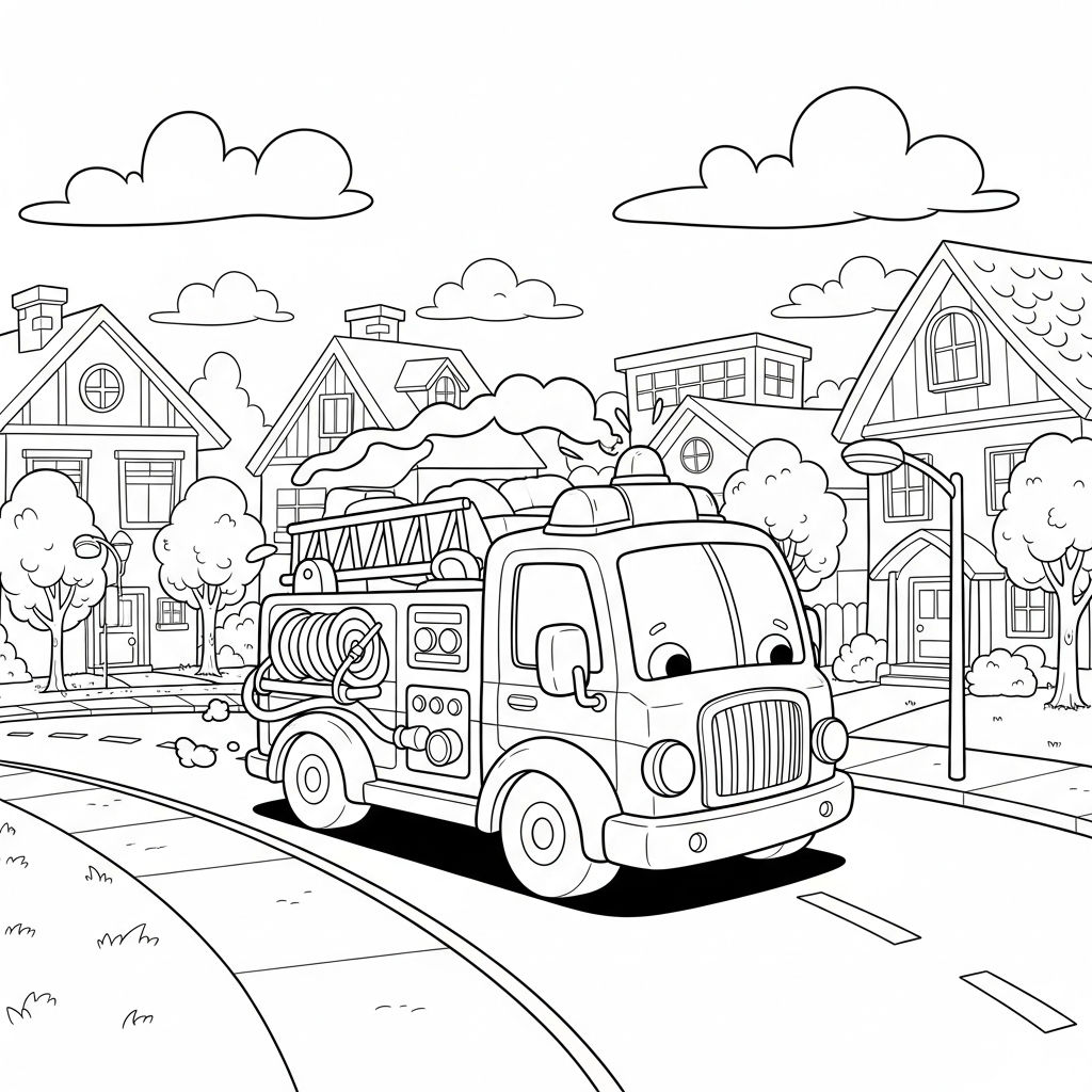Fun Cartoon Fire Truck Coloring Page for Kids coloring page printable