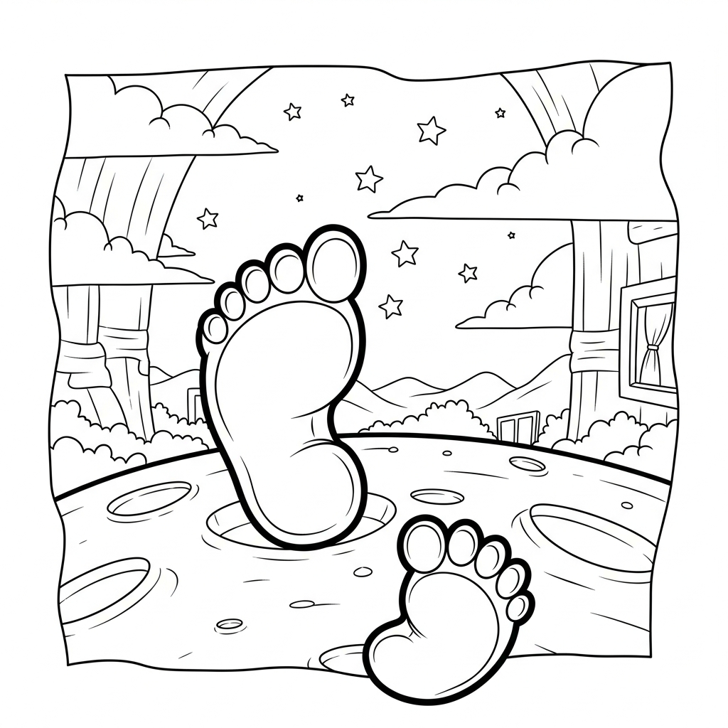 Fun Moon Surface Cartoon Footprints Coloring Page for Kids coloring page