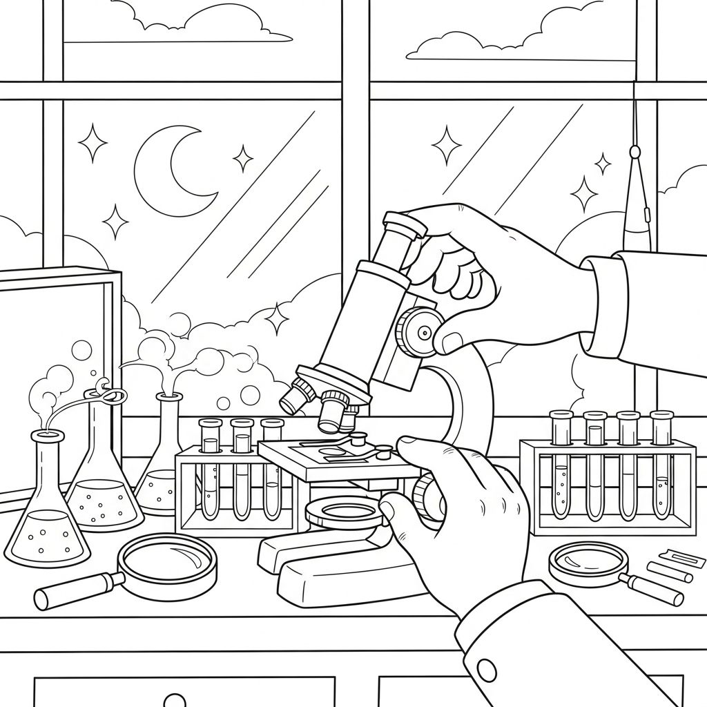 Medium Cartoon-Hände Justieren den Fokus des Mikroskops Ausmalblatt coloring page printable
