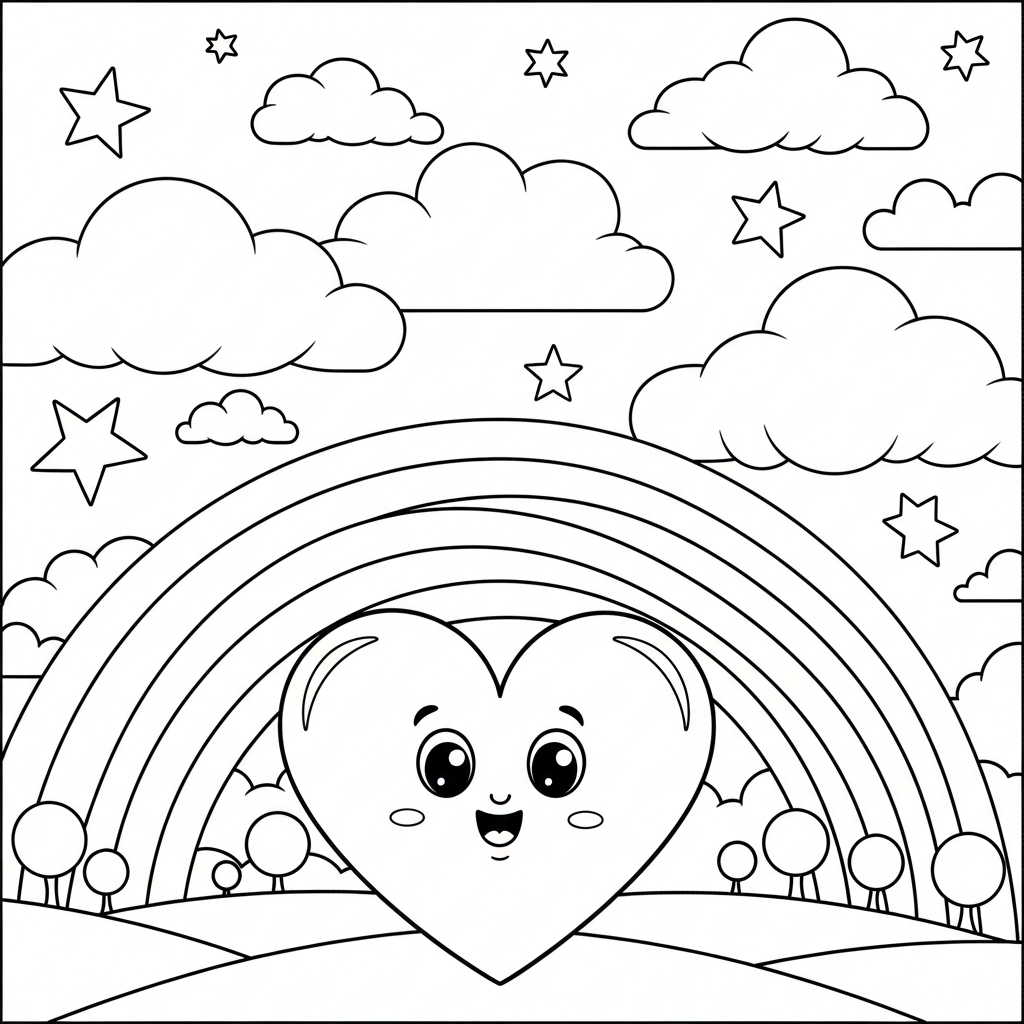 Page de coloriage cœur cartoon et arc-en-ciel coloring page printable