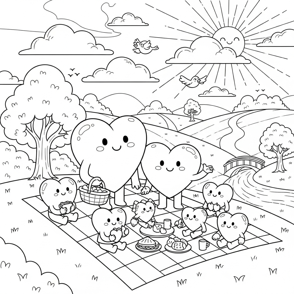 Page à colorier : Famille de cœurs en cartoon coloring page printable