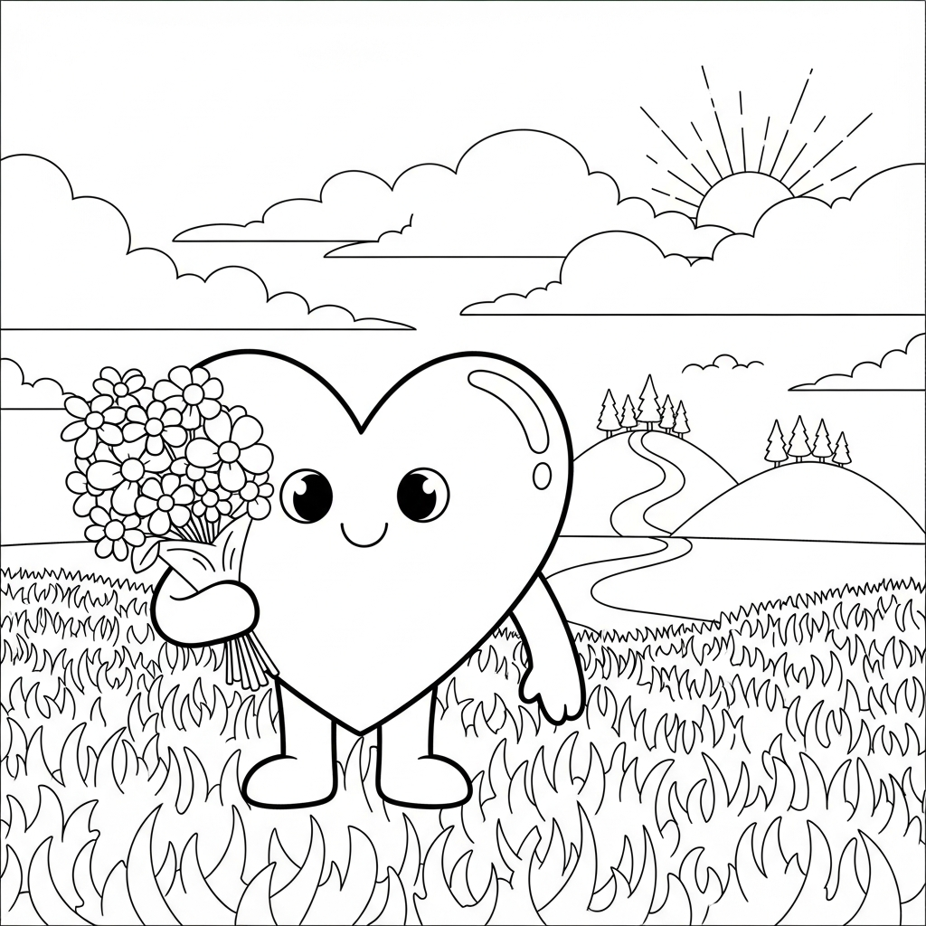Page à colorier : cœur cartoon moyen tenant des fleurs coloring page printable