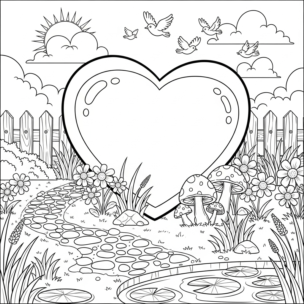Medium Cartoon Heart Coloring Page in a Garden coloring page