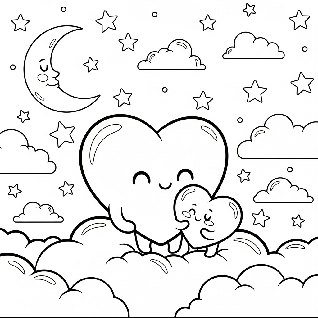Cartoon Heart Coloring Page: Love Scene for Kids coloring page