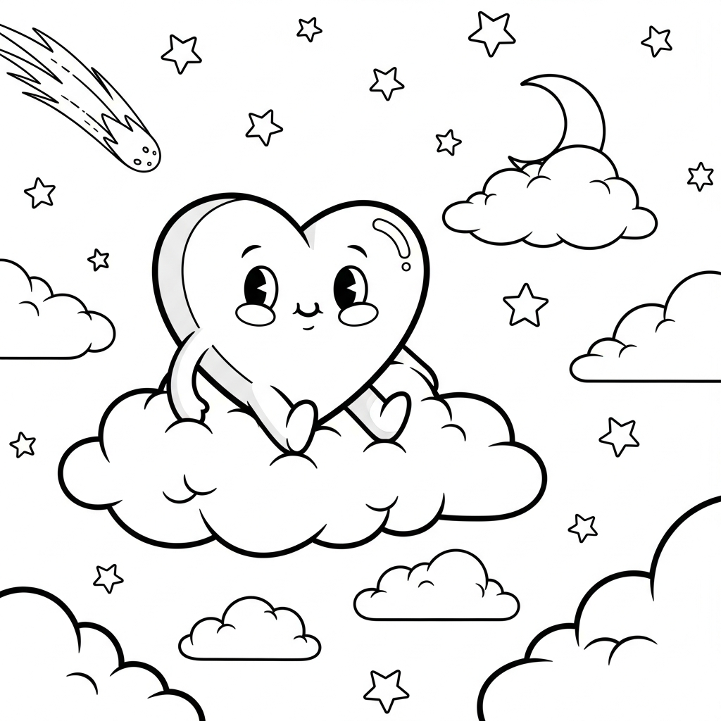 Page à Colorier de Cœur Cartoon Moyen sur un Nuage coloring page printable