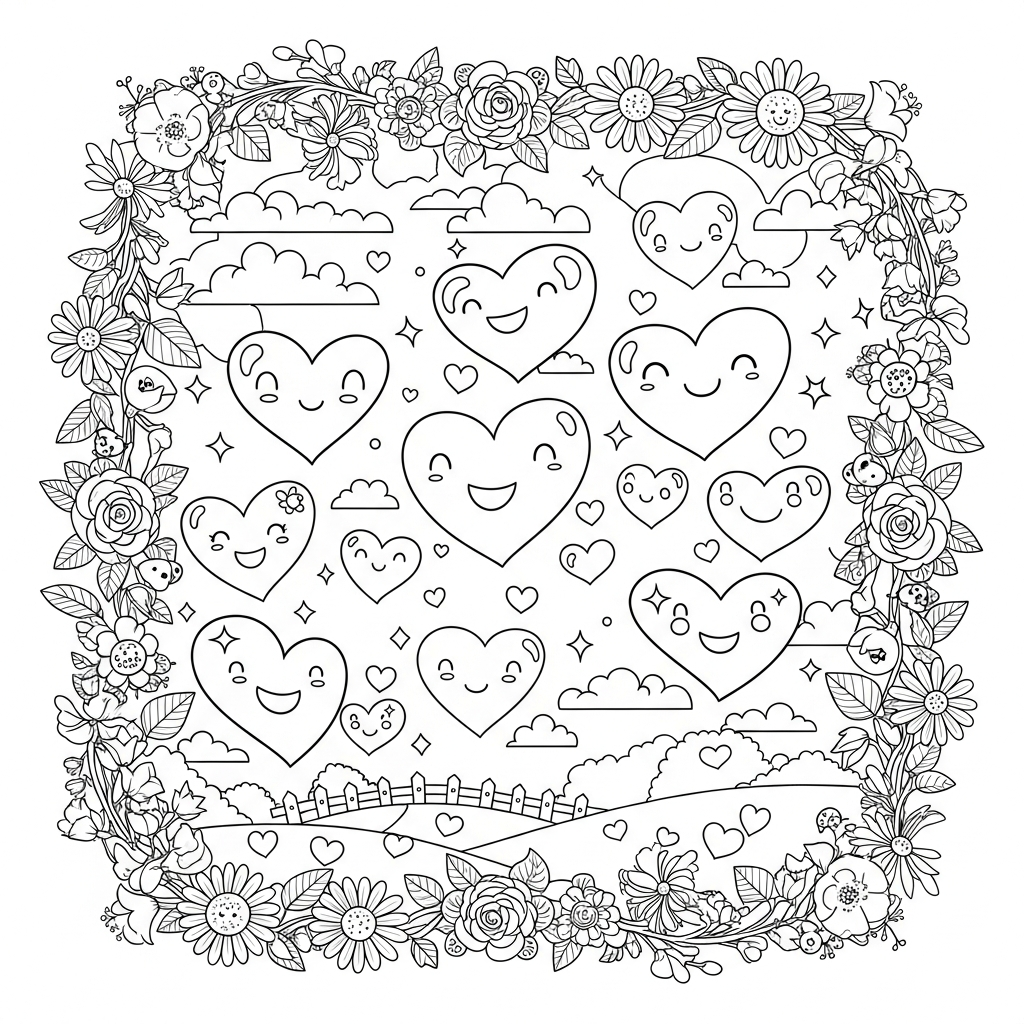 Mittelgroßes Cartoon-Herz-Muster mit Blumenrahmen Ausmalbild coloring page printable