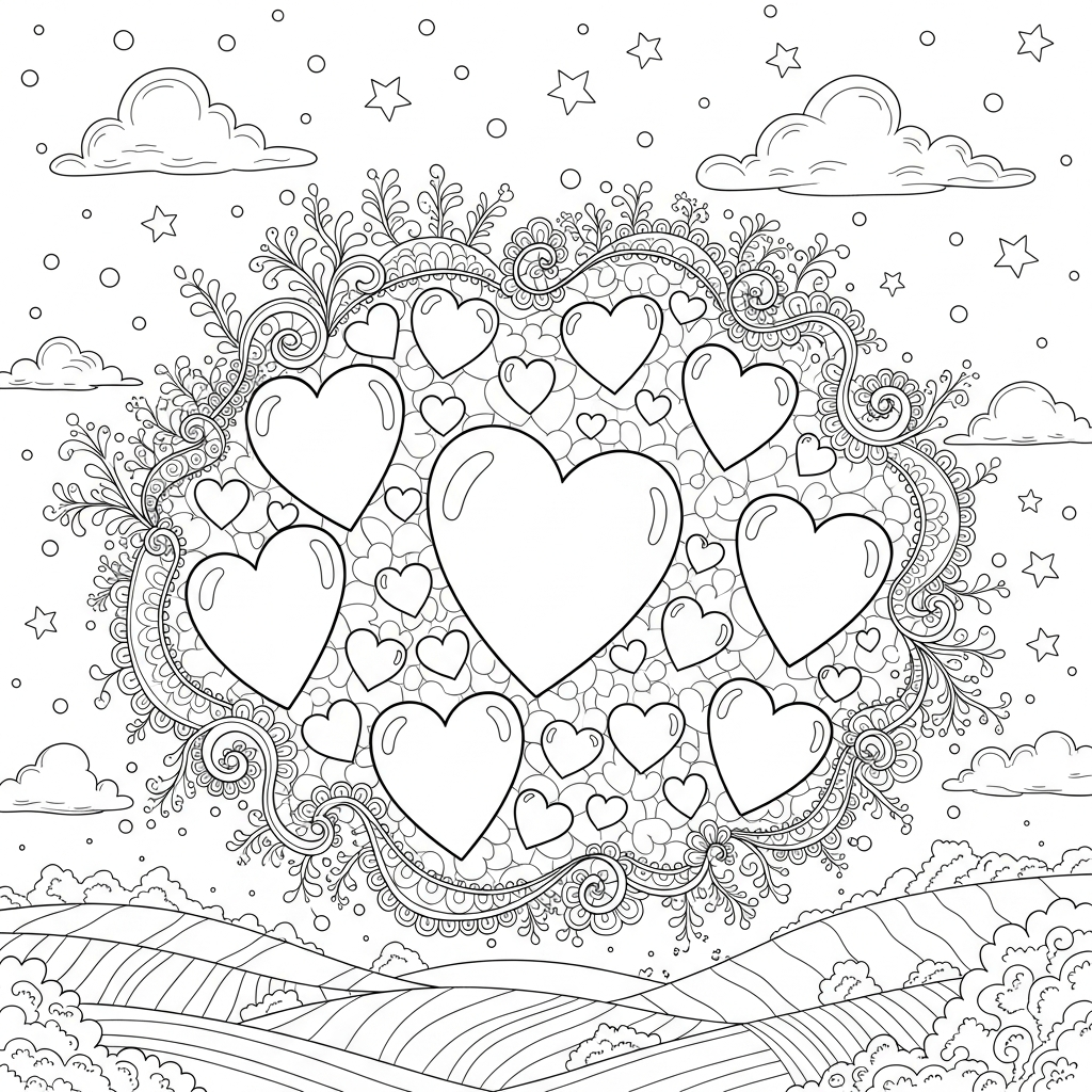 Página para Colorear Patrón de Corazón de Caricatura Mediano con Marco de Encaje coloring page