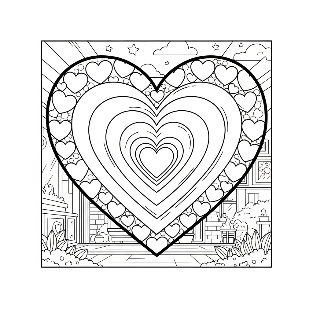 Página para Colorear con Patrón de Corazón Cartoon Medio y Mosaico de Corazones en Capas coloring page