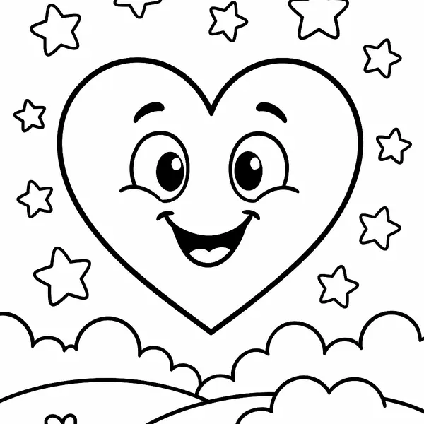 Page à Colorier : Cœur Cartoon Moyen Entouré d'Étoiles coloring page printable