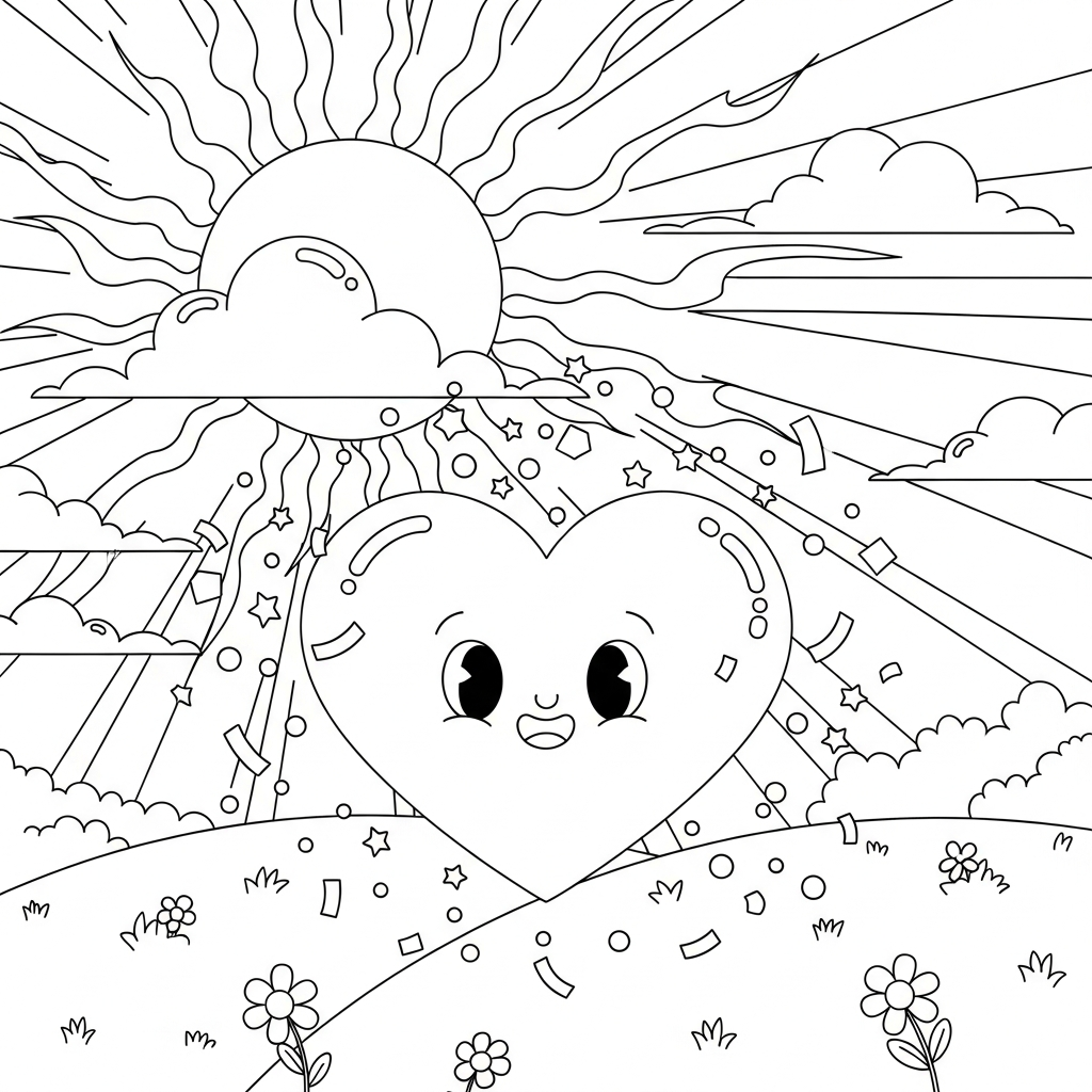 Medium Cartoon Heart Coloring Page with Fun Confetti - Relax and Create coloring page