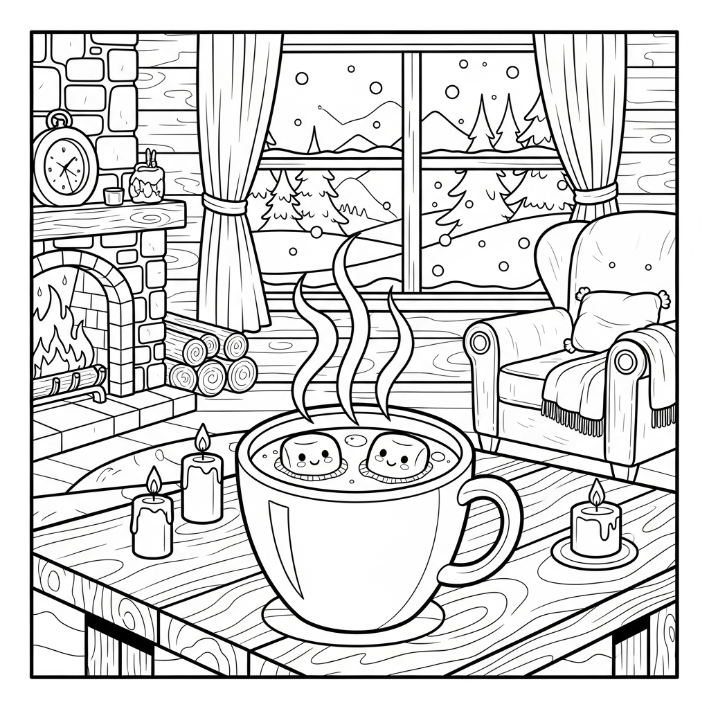 Página para Colorear de Taza de Chocolate Caliente en Cabaña Nevada coloring page