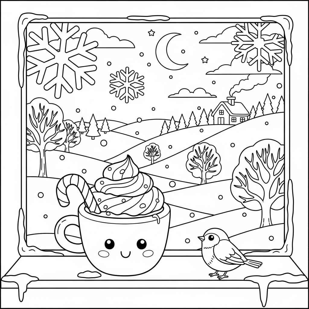 Página para Colorear Taza de Chocolate Caliente en Ventana de Invierno coloring page printable