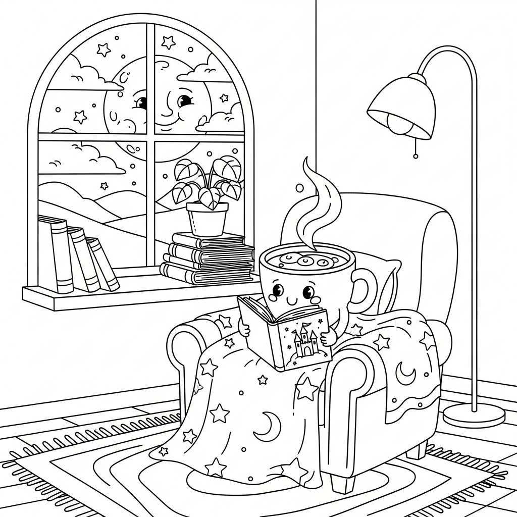 Pagina da Colorare: Tazza di Cioccolata Calda con Coperta e Libro coloring page