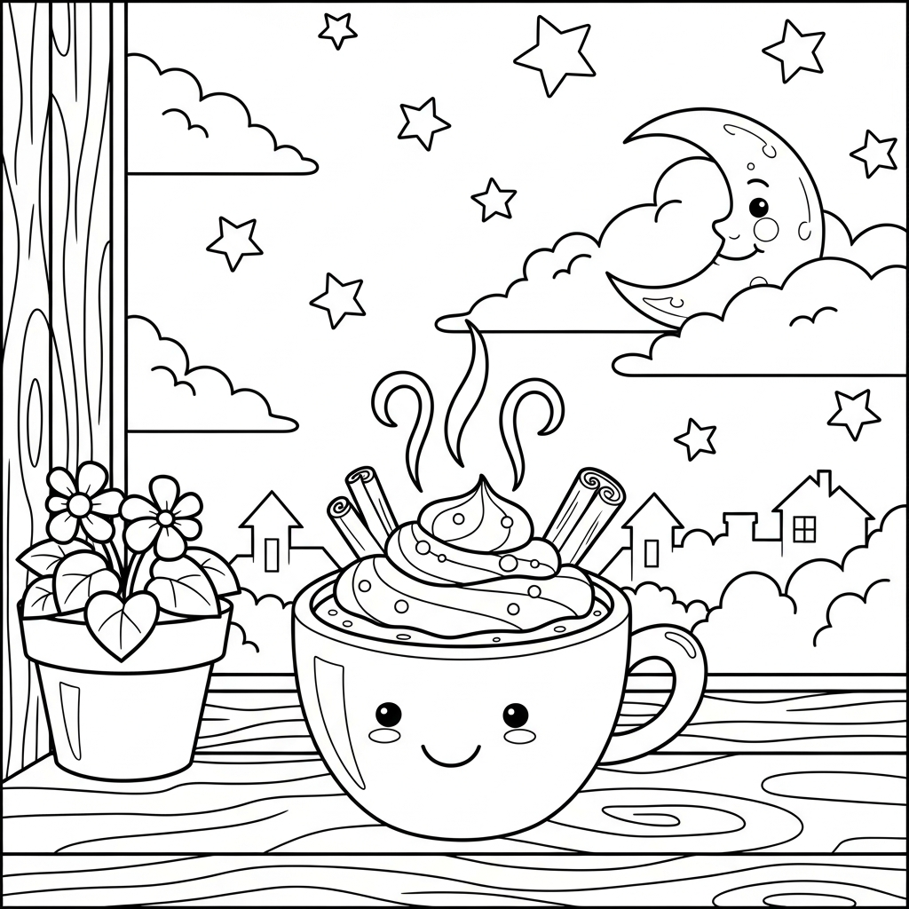 Charming Cartoon Hot Cocoa Mug Coloring Page with Cinnamon Sticks coloring page