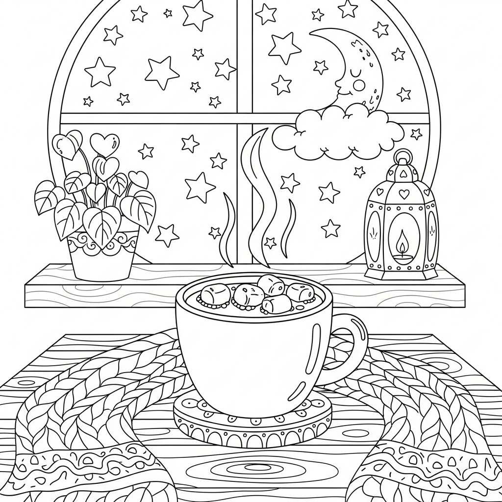 Colorful Medium Cartoon Hot Cocoa Mug with Marshmallows coloring page