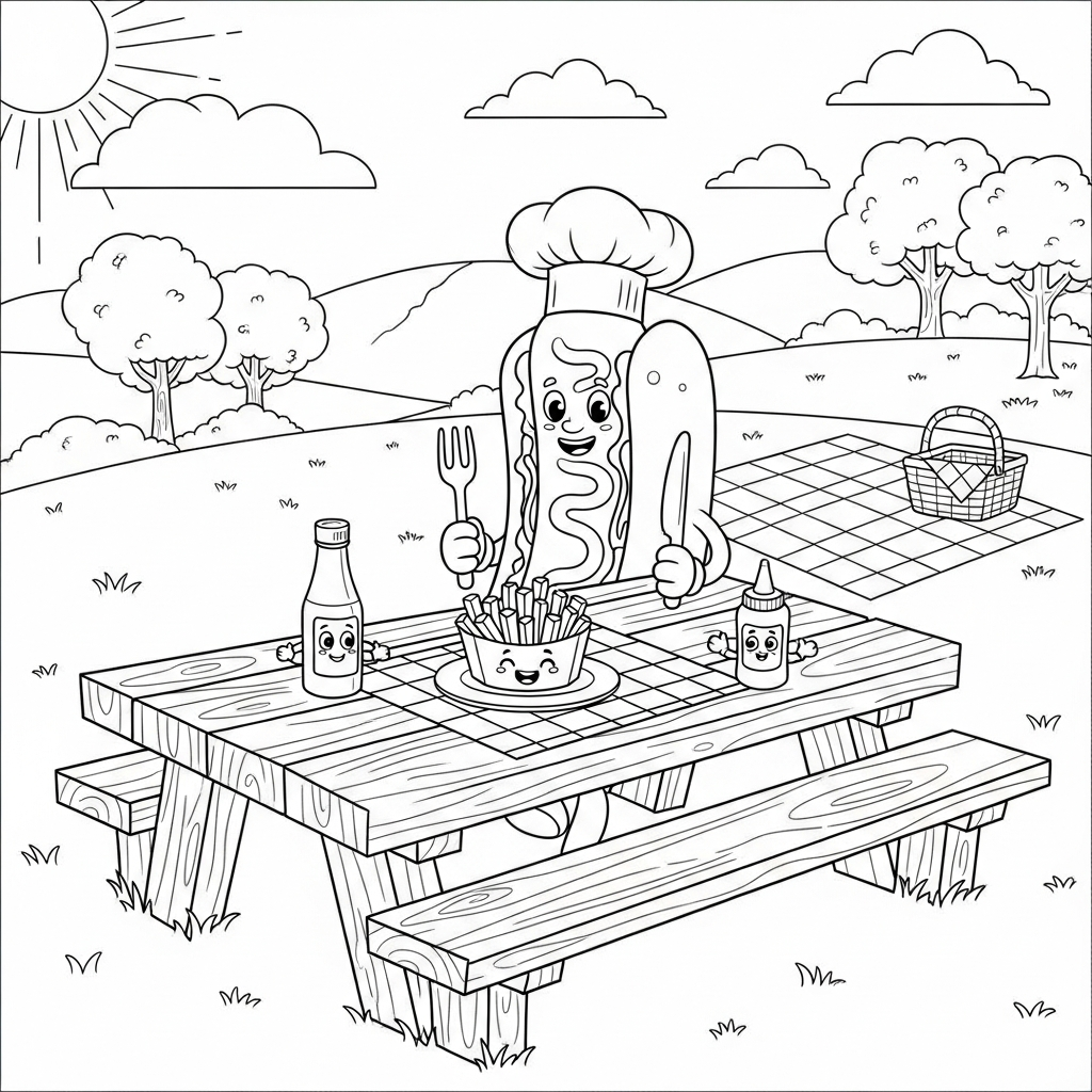 Medium Cartoon Hotdog Op Picknicktafel Kleurplaat coloring page